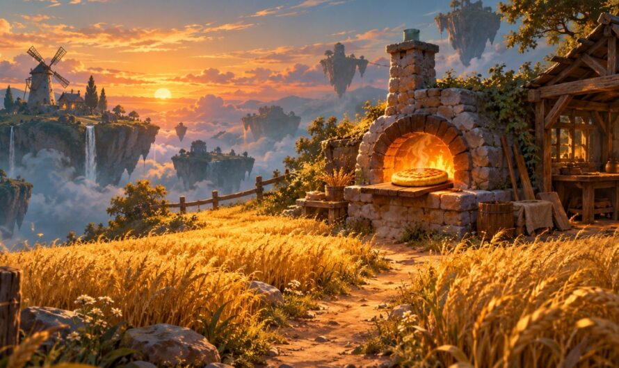 Paysage peint au coucher du soleil sur une petite île flottante : un champ de blé doré traversé par un chemin de terre mène à un four à pain de pierre luisant de l’intérieur, adossé à un petit atelier de bois ; une galette ronde et dorée repose sur un plateau de bois au rebord du four ; à gauche, un moulin et une chaumière se dressent sur une falaise aux cascades, et des îlots flottent dans les nuages.