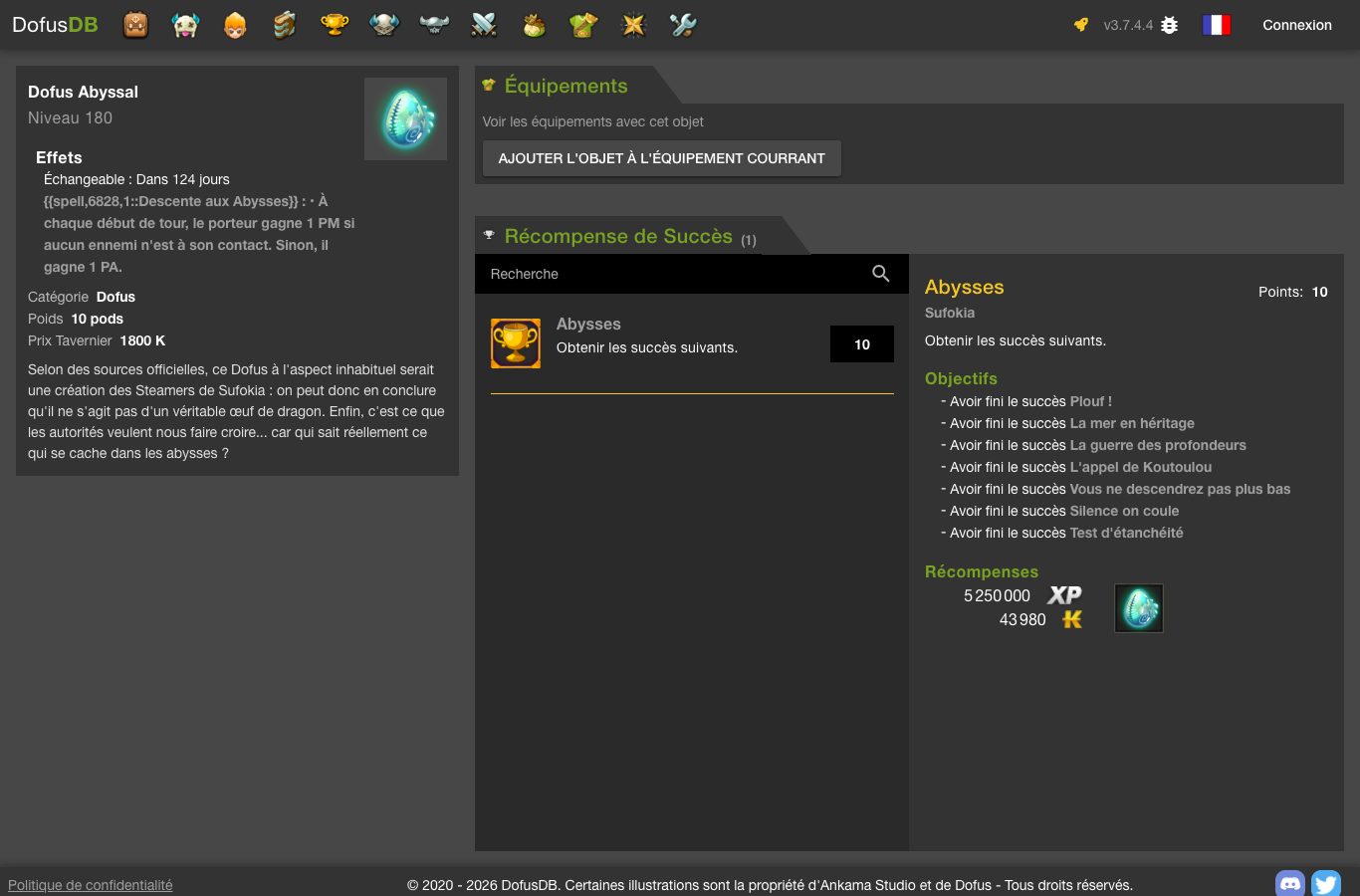 Fiche DofusDB du « Dofus Abyssal » : niveau 180, effet « Descente aux Abysses », échangeable dans 124 jours, 10 pods, et le succès « Abysses » avec ses sept succès et ses récompenses