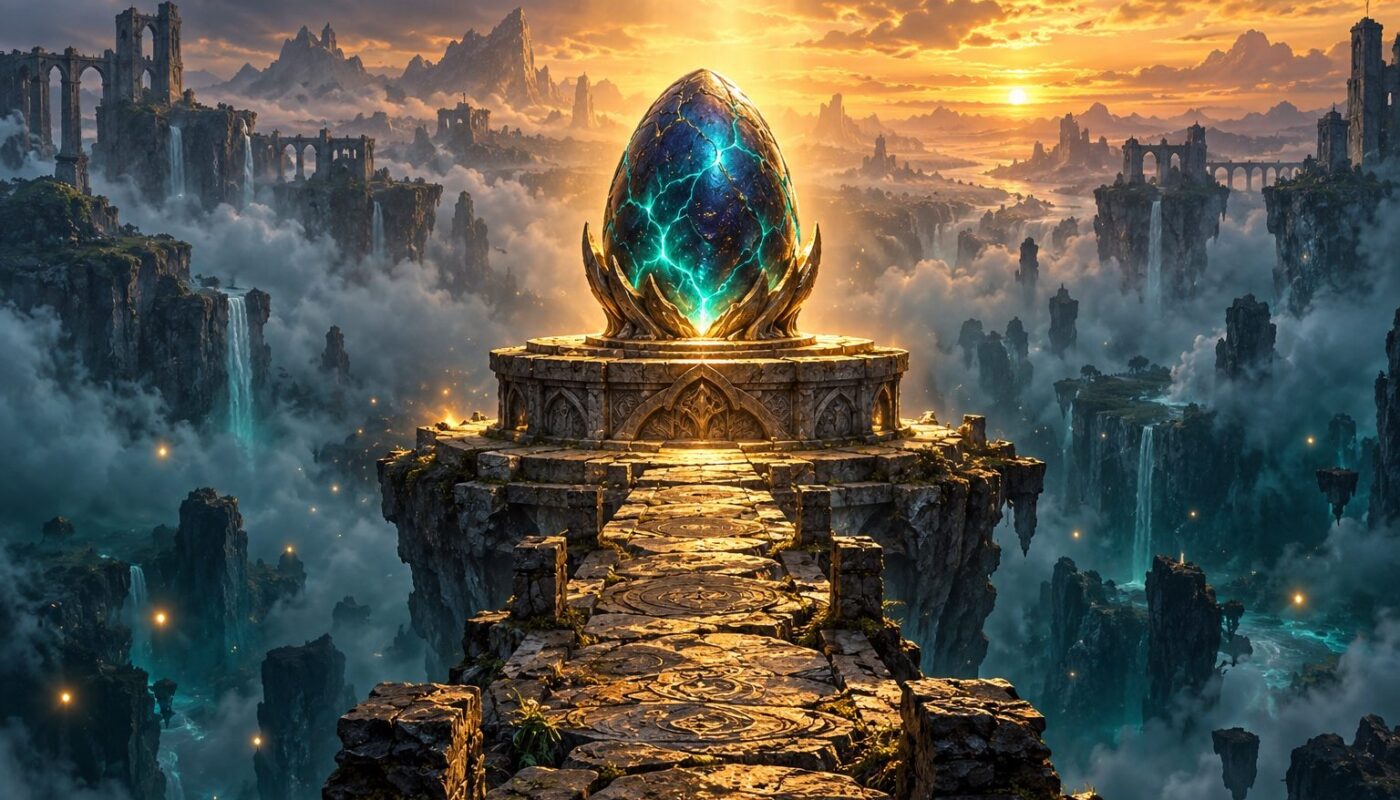 Œuf légendaire d’un bleu nuit parcouru de lignes turquoise lumineuses, posé sur un socle de pierre sculpté au bout d’une étroite passerelle de pierre, au-dessus d’un abîme brumeux de falaises et de cascades, éclairé d’un rayon de lumière doré