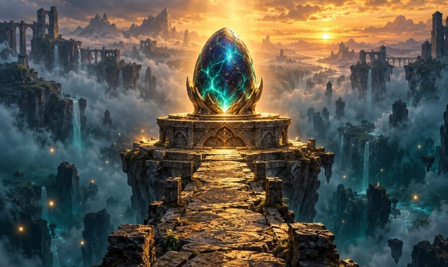 Œuf légendaire d’un bleu nuit parcouru de lignes turquoise lumineuses, posé sur un socle de pierre sculpté au bout d’une étroite passerelle de pierre, au-dessus d’un abîme brumeux de falaises et de cascades, éclairé d’un rayon de lumière doré