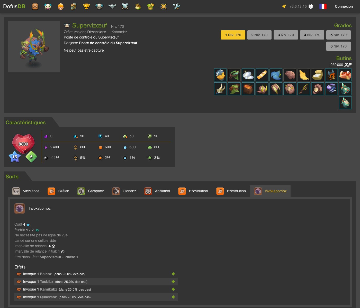 Fiche DofusDB du sort Invokabombz du Supervizoeuf : cout 4 PA, portee 1 a 2, invoque Balebz, Toubibz, Kamikabz ou Quadrabz a 25 pour cent chacun