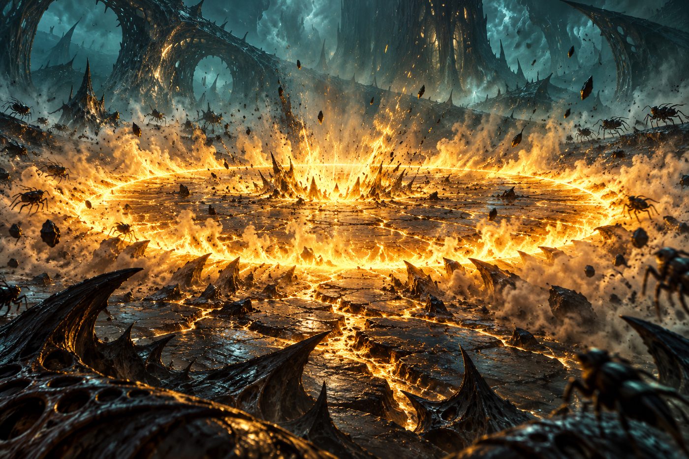 Illustration : une onde de choc annulaire de feu doré balayant une arene sombre, des debris en suspension