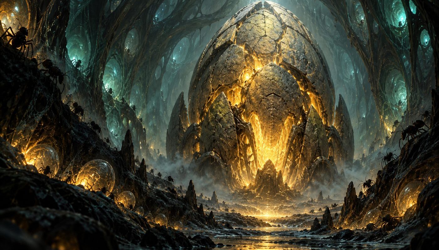 Key-art du Supervizoeuf, gardien oeuf geant d'une ruche sombre baignee de lumiere doree