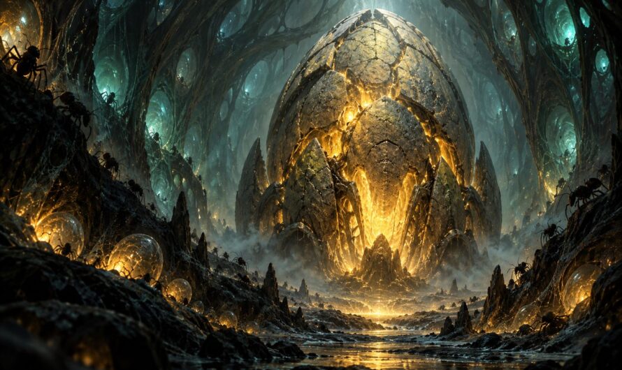 Key-art du Supervizoeuf, gardien oeuf geant d'une ruche sombre baignee de lumiere doree
