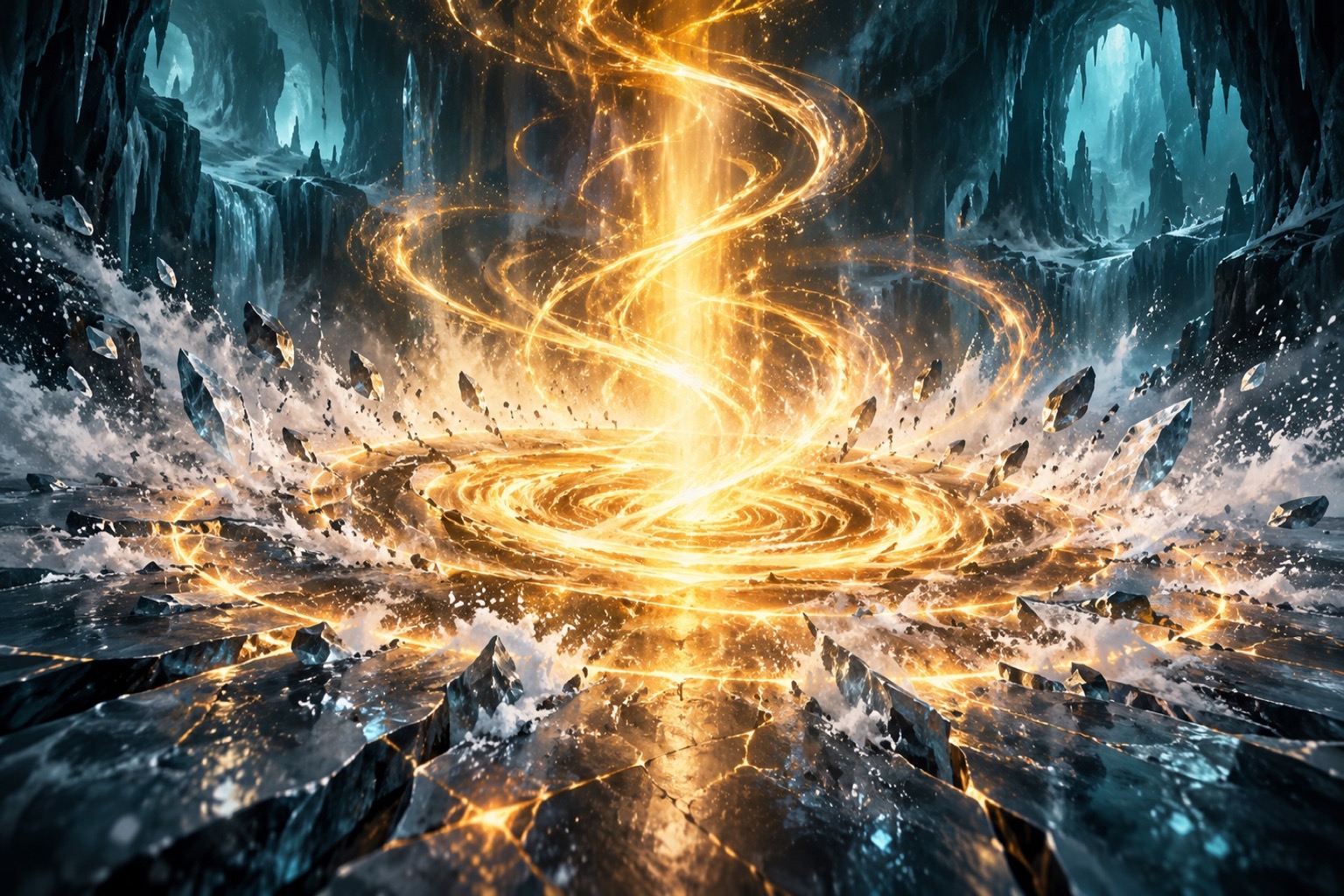 Illustration d'une lueur dorée de téléportation dans une caverne de glace sombre aux ombres bleutées