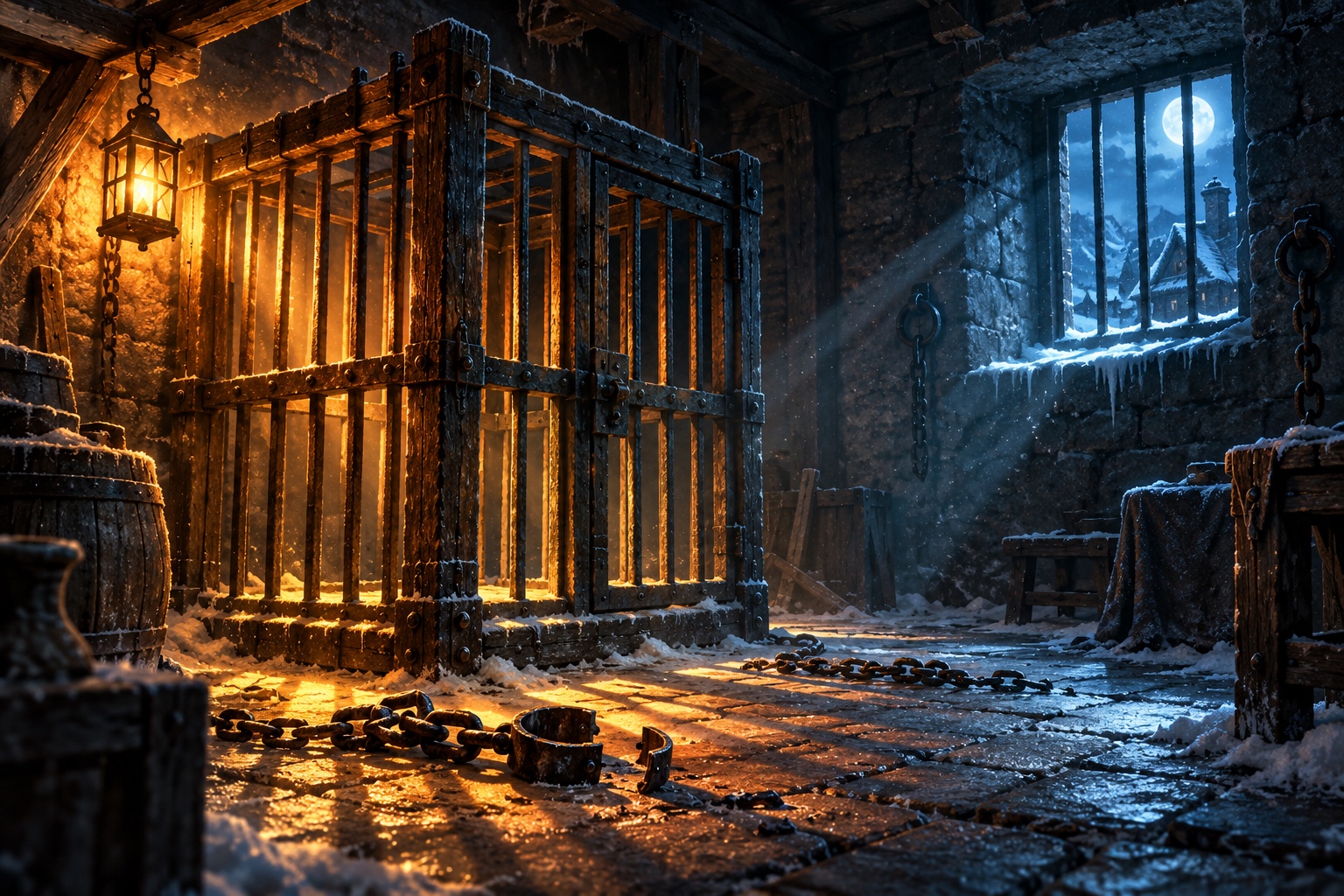Illustration d'une cage de bois et de fer vide éclairée par une lanterne dorée dans une geôle sombre